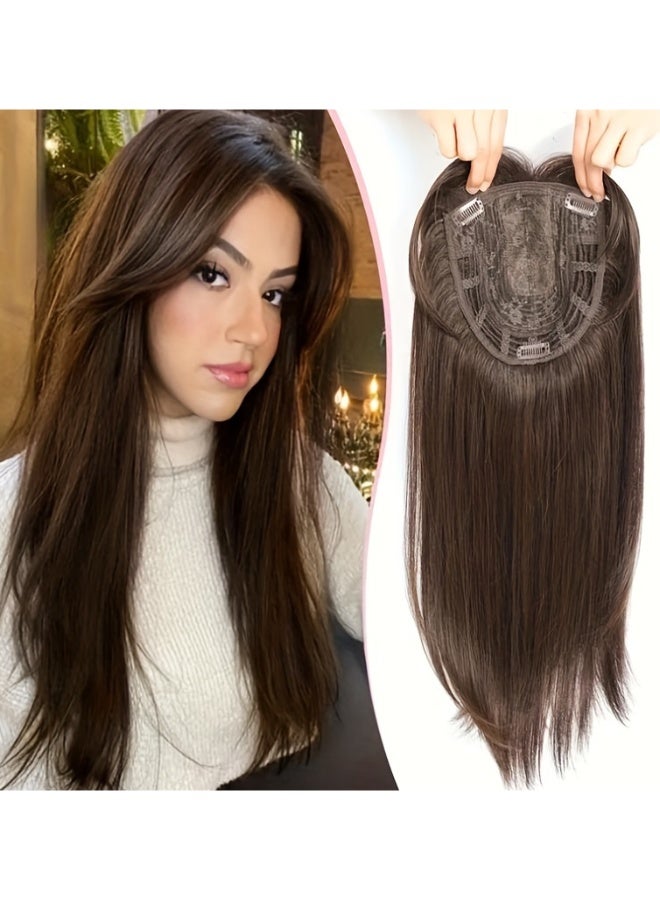 خاجول قطعة واحدة وصلات شعر بنية، وصلات شعر صناعية بطول 18 إنش مع قبعة قابلة للتعديل، وصلات شعر مشبكة و شعر مستعار بني للنساء، شعر صناعي/مستقيم لإضافة الحجم، والارتداء اليومي، والحفلات والكوزبلاي، بني مع لمسات ذهبية - Image 3